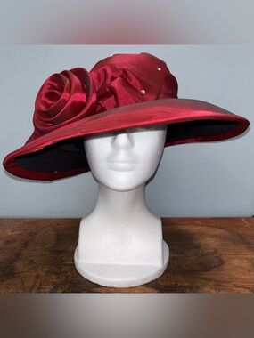 Mr Hi’s Classic Women’s Hat Elegant Rose Accent Wide-Brim Red Derby Church